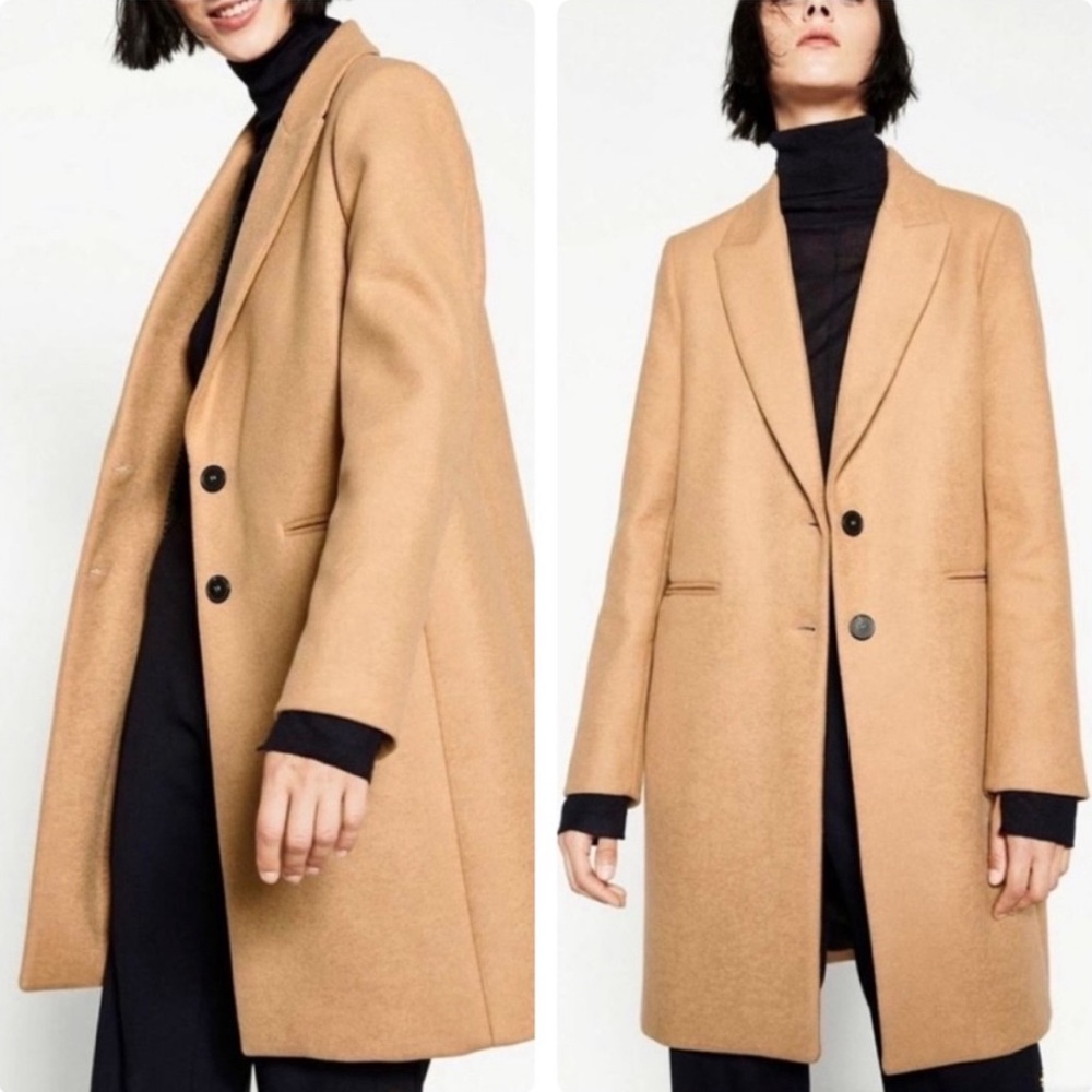 Zara Woman Wool Coat Camel Tan Longline Trench Overcoat Oversized Womens Small S